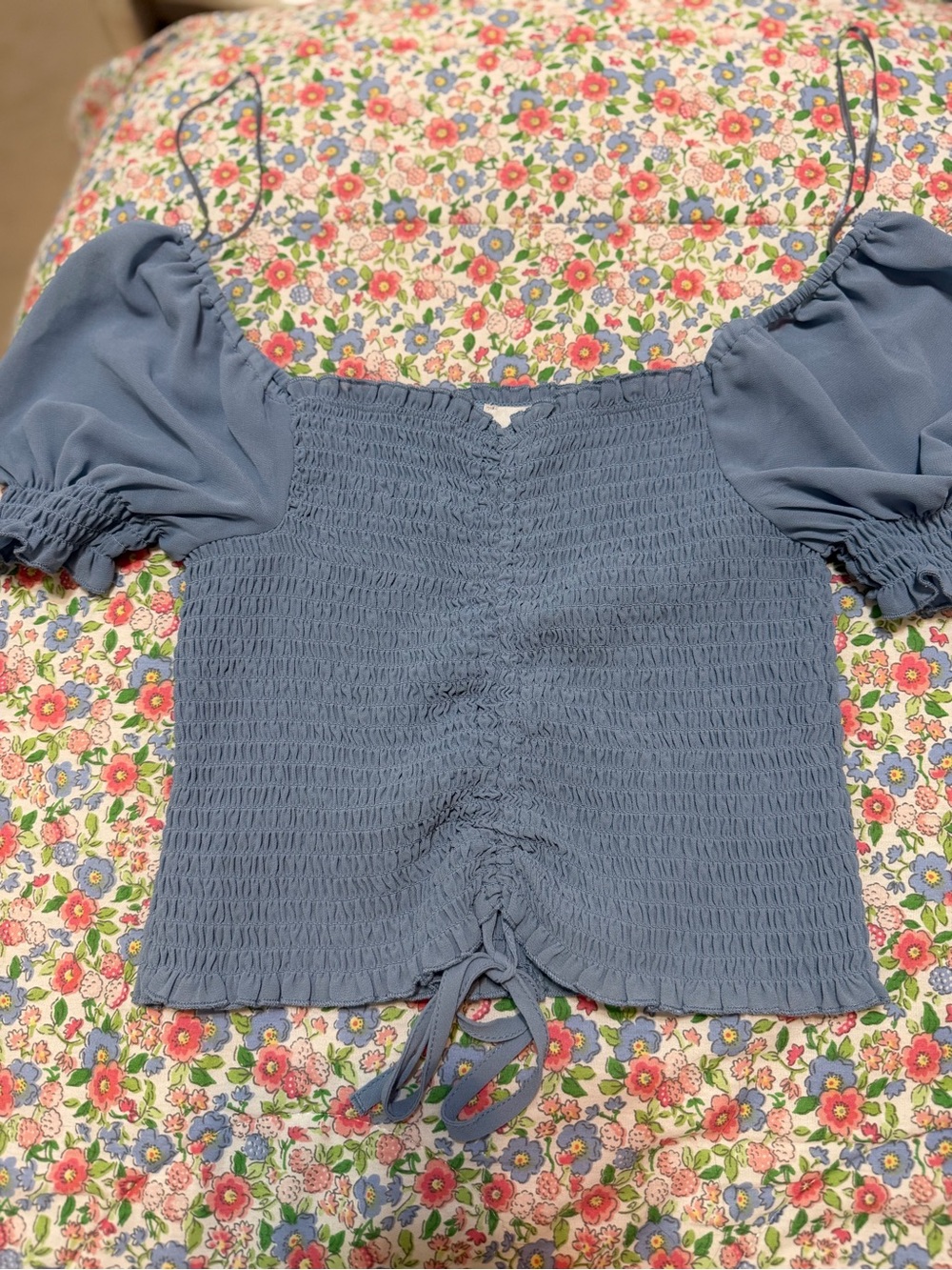 Love Tree Dusty Blue Smocked Puff-Sleeve Crop Top